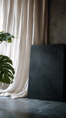 Poster - Beige curtain, dark canvas mockup, green leaf, textured floor, minimalist scene, showcasing blank space for advertisement or text