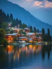 Aufkleber - 穏やかな湖に映る家々の明かりが美しい夕暮れ時の山岳風景 インドの山間にある湖畔の村