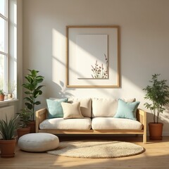 Poster - Scandinavian style living room interior with wooden furniture. Beige sofa with pillows, plants, round carpet rug, blank frame on wall. Cozy home, apartment decor.
