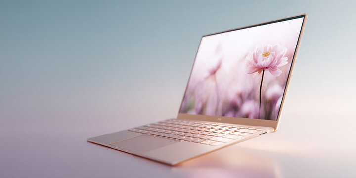 Rose gold laptop showcasing delicate pink flower image on screen, symbolizing elegance and technology, perfect for a tech or lifestyle blog