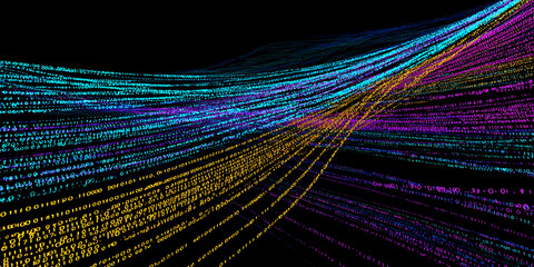 Poster - abstract digital data streams, forming dynamic waves of binary code in vibrant blue, purple, and gol