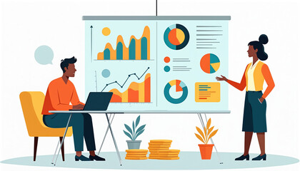 Poster - Business illustration dashboard dialogue. Two people analyze statistics chart, graph on presentation board. Data information, financial report, business management, marketing strategy. Teamwork,