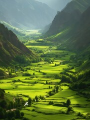 Aufkleber - 緑豊かな谷と山々の鮮やかな光景 夏の日の太陽が降り注ぐ緑の風景と高い山々が織りなす自然美