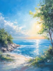 Aufkleber - 晴れた日の波と緑豊かな木々のある穏やかな海辺の風景 太陽の光が水面に反射する静かで美しい海岸線の眺め