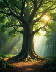 Poster - Sunlight filters through rich green forest, illuminating ancient massive tree. Natural scenery, environment, growth, adventure, travel concept. Old trees roots, green leaves, wood, foliage background.