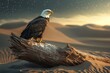 © Tina - A majestic bald eagle perches on weathered driftwood in a serene desert landscape under a starry sky.
