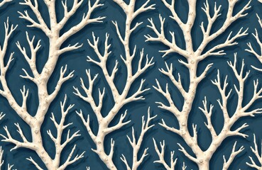 Aufkleber - Seamless coral pattern tapestry illustration in vintage arts, crafts style. Branching white coral on dark blue background. Botanical wallpaper design, repeating seamless ornament ideal for textile,