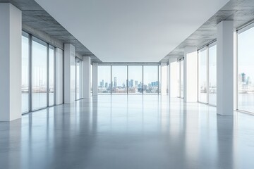Poster - Modern minimalist interior showcasing natural light filtering through large windows in a spacious gallery or studio setting