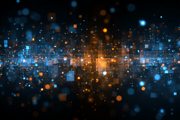 Poster - Abstract background with blue and orange glowing squares and bokeh lights, creating a dynamic and technological feel, perfect for modern designs
