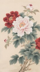 Aufkleber - 赤い牡丹とピンクの牡丹の絵画 伝統的な東洋スタイルで美しい花柄 日本画の背景