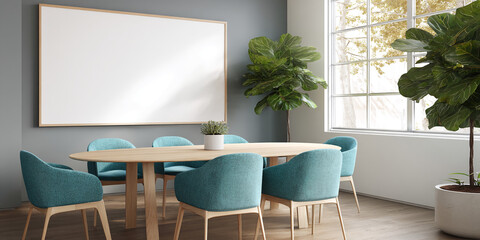 Poster - Modern dining room with wooden table, teal chairs, large blank frame, and plants, showcasing a clean and minimalist interior design ideal for advertisement or presentation