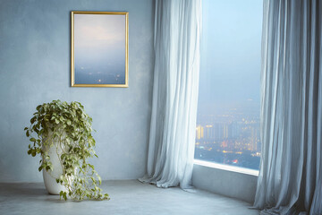 Aufkleber - Blue room interior showcase with plant, picture frame and city view, offering free space for text or advertisement, representing calmness and modern design
