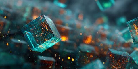 Poster - Teal and orange glowing cubes float in dark space, creating a futuristic, abstract scene suitable for technology or digital art concepts