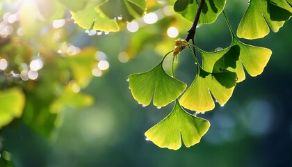 branch of ginkgo tree with wet leaves shining