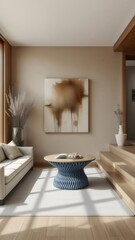 Poster - ベージュの壁の背景に白いソファ青い円卓がある上品なリビングルームのインテリアデザインと抽象的な絵画と木製の床