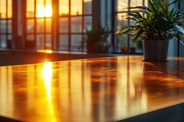 Poster - Modern office workspace features a sleek golden table reflecting sunlight in a high-rise building during late afternoon
