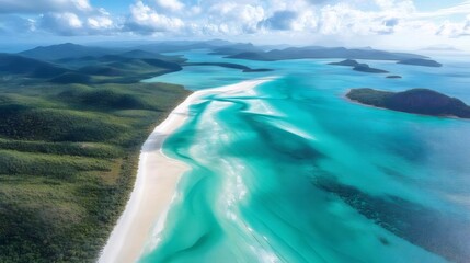 Aufkleber - ウィットサンデー諸島のターコイズブルーの海と緑豊かな島々の美しい航空写真 白い砂浜のビーチと明るい空が特徴