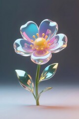 Poster - 透明な花弁と緑の茎を持つ光沢のあるクリスタルフラワー 3D レンダリング抽象装飾デザインと柔らかい拡散光の背景