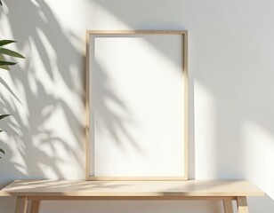 Leinwandbilder - Wooden frame mockup on a table, white wall background, with plant shadow. Perfect for art prints, posters, photos, and artwork presentations. Interior design, home decor, art.