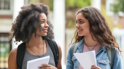 Poster - Two young women, possibly students, are laughing. Each carries papers and a backpack. They are outside, near what appears to be a school building. The scene exudes positivity and friendship.
