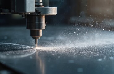 Leinwandbilder - Close-up view water jet machine at work. Cnc water jet cutter for metal fabrication. Metal cutting process in manufacturing, industrial production. Precision engineering tech for automotive parts.