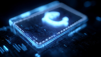 Futuristic digital interface with a glowing symbol. Abstract technology background.