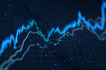 Poster - Abstract blue glowing lines chart on dark background, showcasing financial data visualization, representing market trends and growth potential