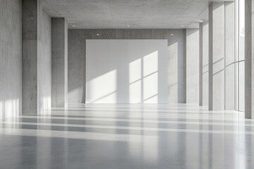 Poster - Modern minimalist interior showcasing natural light filtering through large windows in a spacious gallery or studio setting