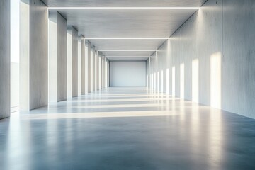 Poster - Modern minimalist interior showcasing natural light filtering through large windows in a spacious gallery or studio setting