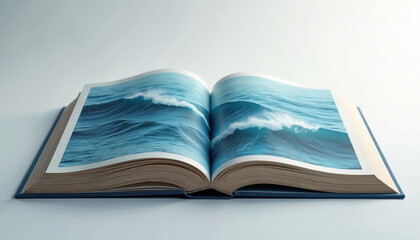 Aufkleber - Open book shows blue ocean waves on pages. Water, white foam, sea. Graphic design illustration. Concept of knowledge, reading, vacation, travel, summer. Abstract background, minimal style.