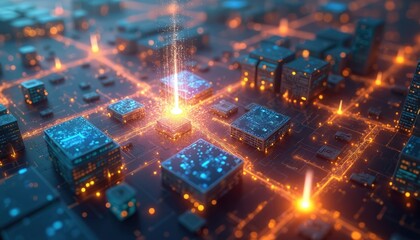 Leinwandbilder - Illustration comprehensive data flow diagram within 5G network. Focus Radio Access Network RAN network slicing edge computing elements against futuristic tech background. Relevant telecommunication,