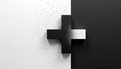 Poster - Minimalist black and white plus sign design with dotted texture. Abstract digital graphic, modern aesthetic viewpoint. Modern art concept. Suitable for various designs.
