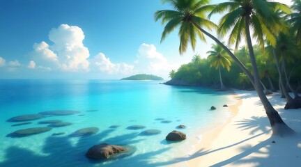 Aufkleber - ターコイズブルーの海と白い砂浜の熱帯ビーチ ヤシの木が並び 緑豊かな島々と青い空に白い雲が浮かぶ 穏やかな太陽光が楽園のような風景を照らす
