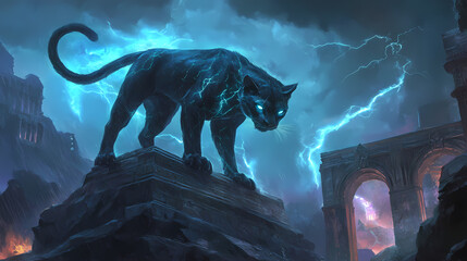 Wall Mural - Legendary shadow panther with glowing runes atop ancient temple under stormy sky. [Vortex Temples] | Helix Cathedral | winding arches. Illustration
