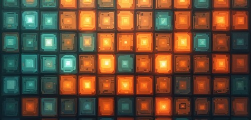 Poster - Abstract digital artwork with vibrant mosaic of squares, rectangles. Geometric design features mix of orange, teal elements, creating eye-catching pattern. Ideal for website backgrounds, tech