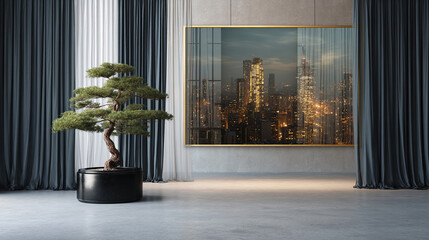 Aufkleber - Modern interior scene with bonsai tree, city view framed artwork, and elegant curtains showcasing a serene, minimalist aesthetic perfect for design or real estate marketing