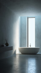 Poster - Modern bathroom interior design showcasing a freestanding bathtub near a large window, minimalist aesthetic with concrete walls and floor, conveying serenity and tranquility