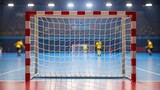 Close-up of handball goalpost with net and a match in the background