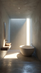 Aufkleber - Minimalist bathroom design showcasing a freestanding bathtub and sink, bathed in natural sunlight streaming through a high window, creating a serene and spa-like atmosphere