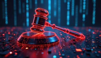 Poster - Binary illustration of gavel on circuit board, digital law, justice, technology. Red neon lights, blue background, represents virtual world legal regulations, digital agreements, blockchain. Rights,