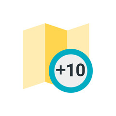 Poster - Yellow folded map icon with a plus ten symbol in a blue circle indicating additional content or information