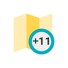 Poster - Yellow map icon with folds next to a blue circle containing a plus sign and the number eleven inside it