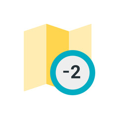 Poster - A yellow folded map with a blue and white circle containing a minus sign and the number two icon design