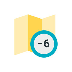 Poster - A yellow map with folds is positioned behind a blue circle containing a negative sign and the number six
