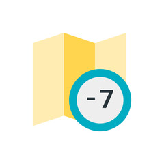 Poster - Yellow folded map with a teal circle containing a minus sign and the number seven displayed on it