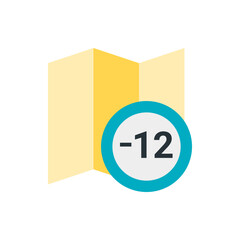Poster - Yellow map with folds and a circular icon displaying the number twelve in black against a white background