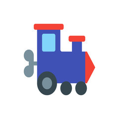 Poster - Illustration of a blue toy train with red accents and gray wheels and smoke stack on a white background
