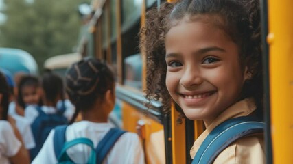 Poster - A cheerful young student peers out from a school bus, a backpack strap visible over her shoulder. Other students are boarding in the background, highlighting diversity and back-to-school excitement.