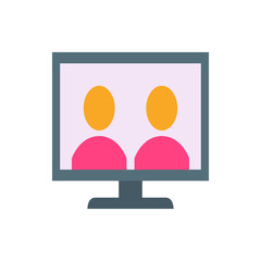 Poster - Computer screen displaying two abstract figures with orange heads and pink bodies in a video call setup