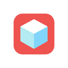 Poster - Isometric cube with white and light blue faces on a rounded red square background creating a simple icon